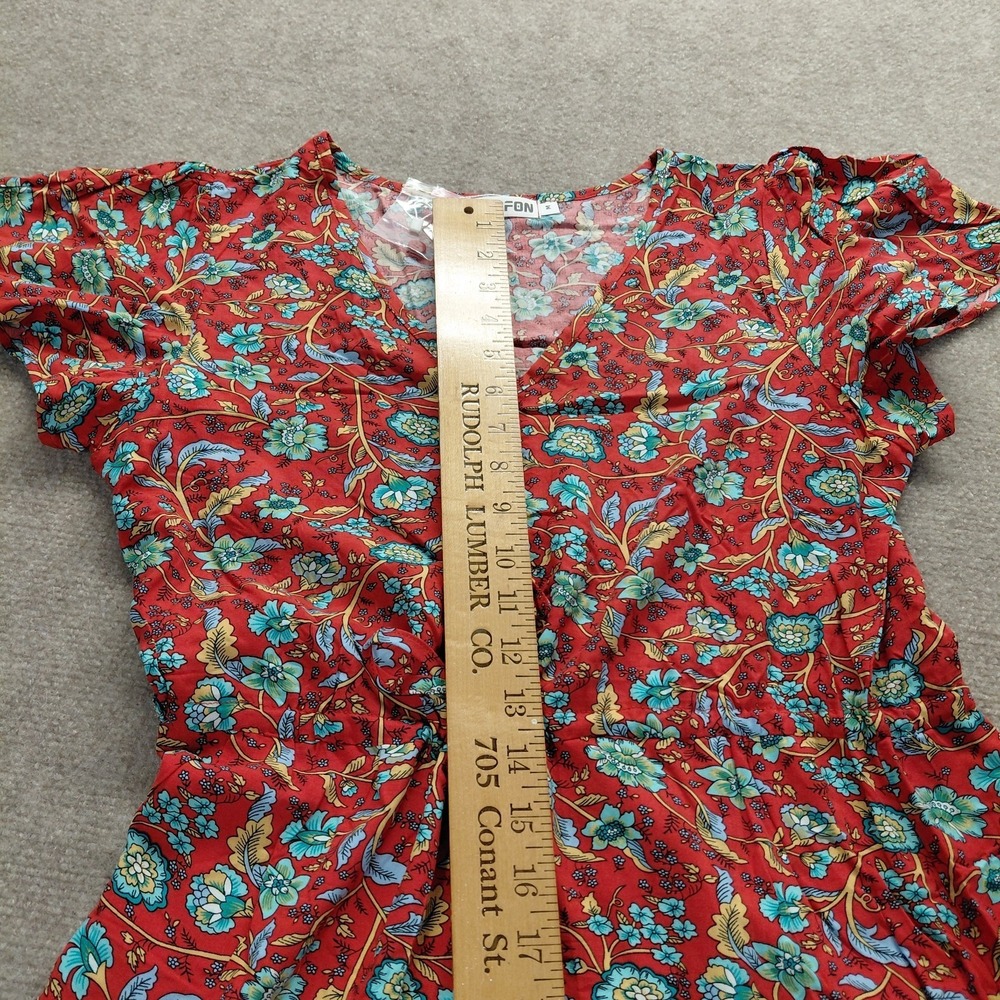 Temofon Womens Red Floral V-neckline Dress Size Medium Light Resort Holiday Chic - Picture 14 of 16